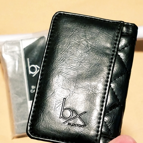NWT Buxton Quilted Black Leather BiFold Business Card Case Wallet Gray Interior! - Picture 3 of 10